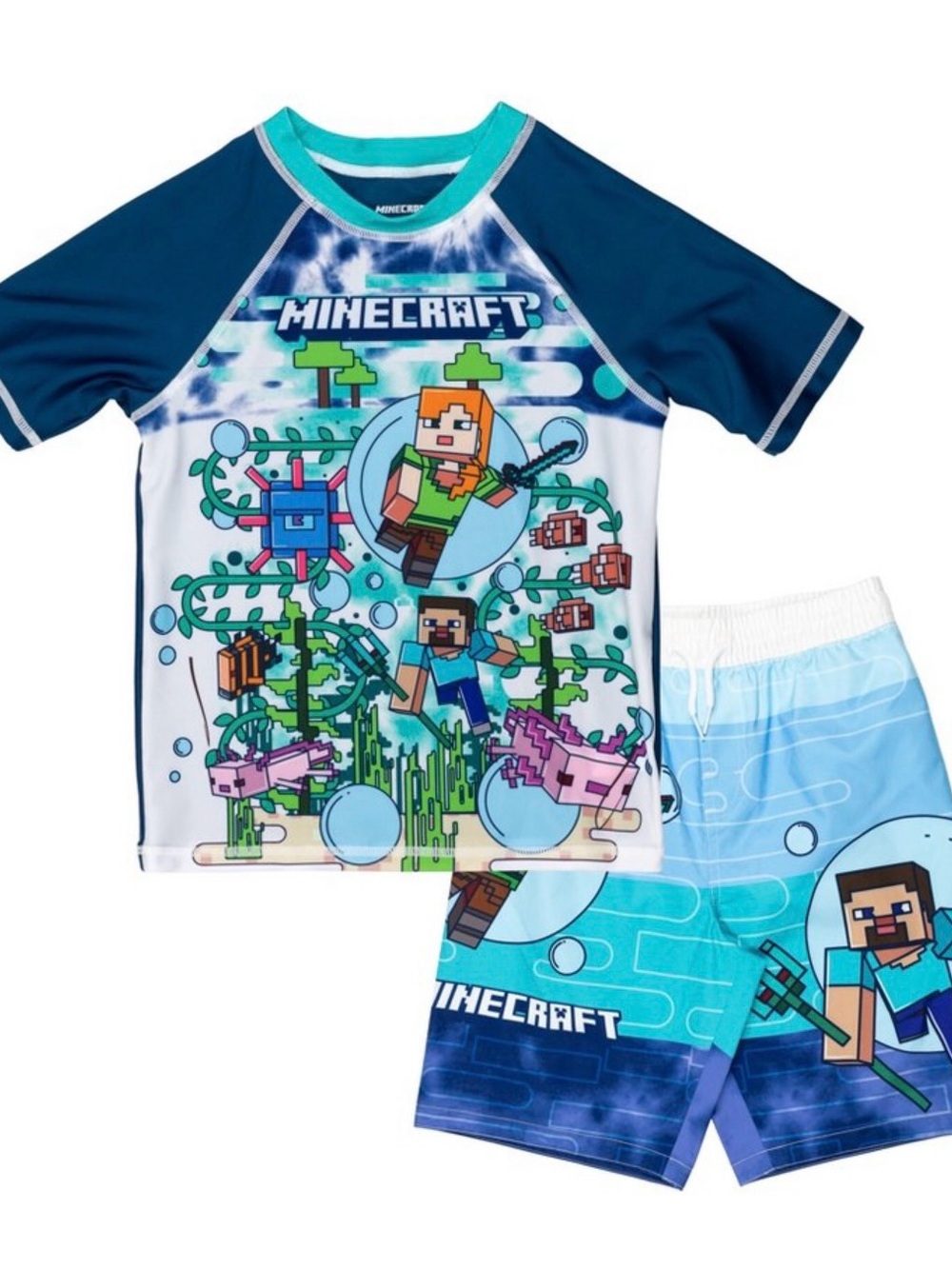 Boys' Minecraft Blue Pixel Swim Set - Rash Guard & Shorts NWT
